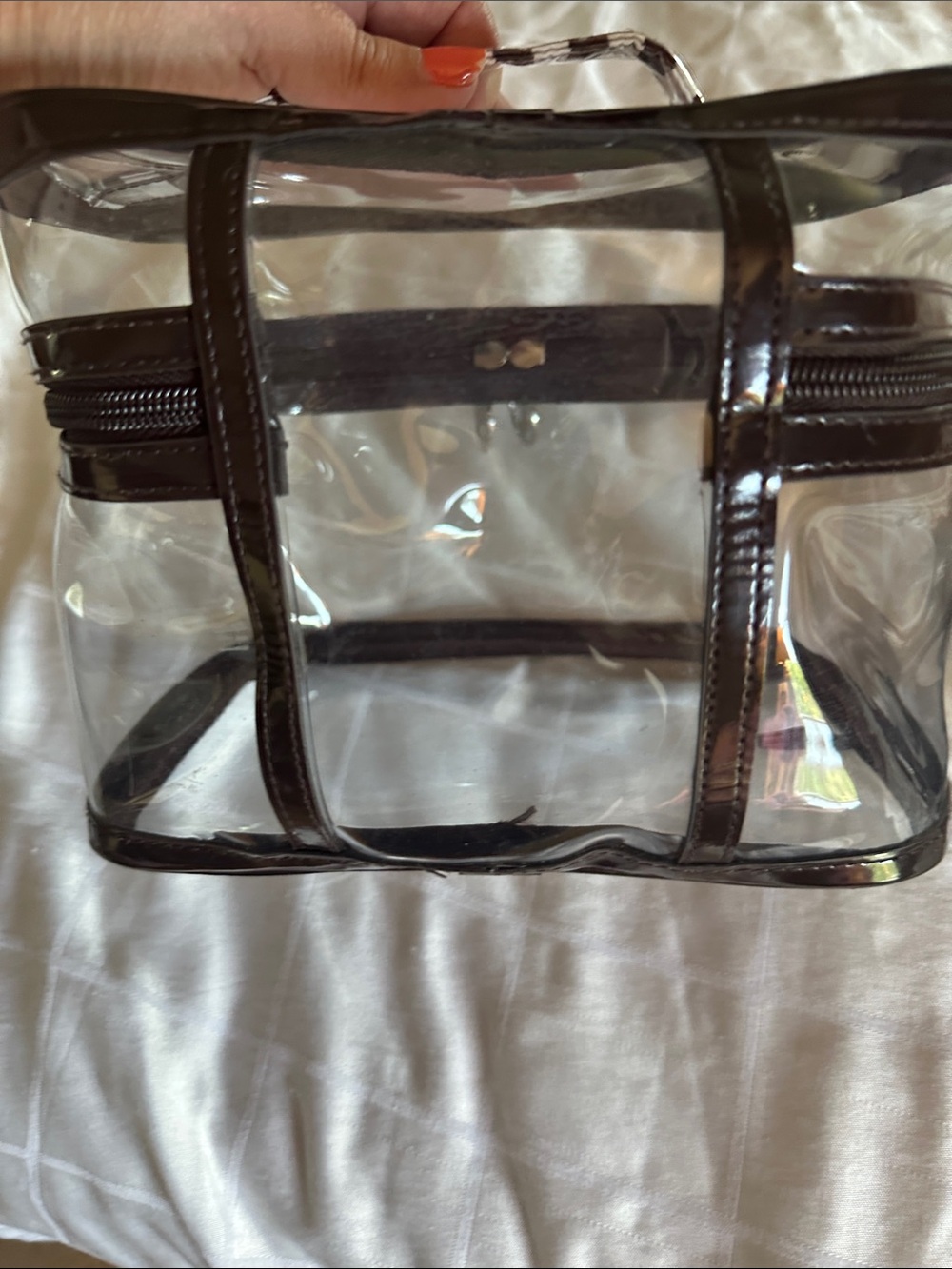 Henri Bendel Clear Cosmetic Train Case with Brown Trim + Brown Polka Dot Pouch - Picture 5 of 10